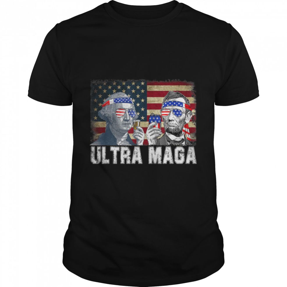 Ultra MAGA 4th Of July Franklin Lincoln Drinking USA Flag T Shirt B0B1HH3Q65