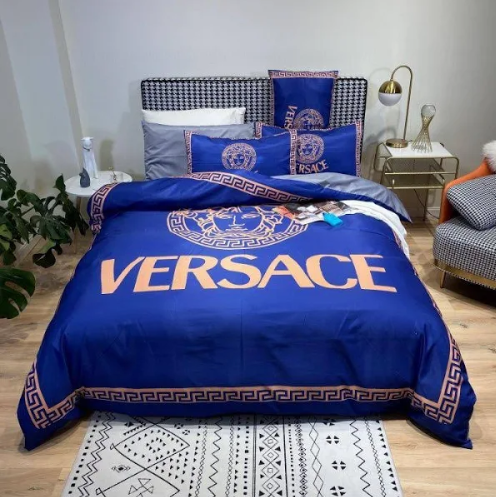 Versace Big Logo In Blue Background Bedding Set King Size