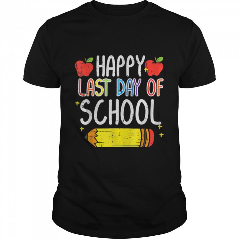 Vintage Happy Last Day Of School Apple Pencil Cute Teacher T Shirt B0B1DBVJ7G