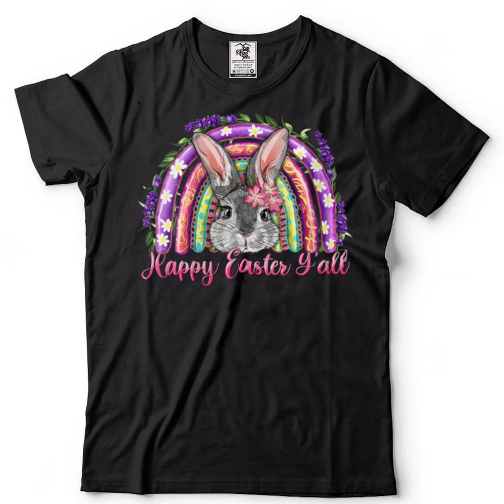Womens Happy Easter Yall Rainbow Cute Bunny Face Easter Day Tee V Neck T Shirt