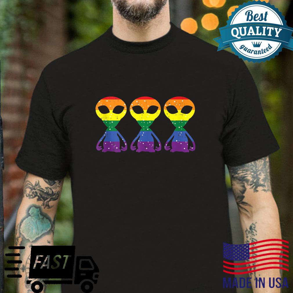 3 Rainbow Gay Aliens ET Space LGBTQ Pride Flag Shirt