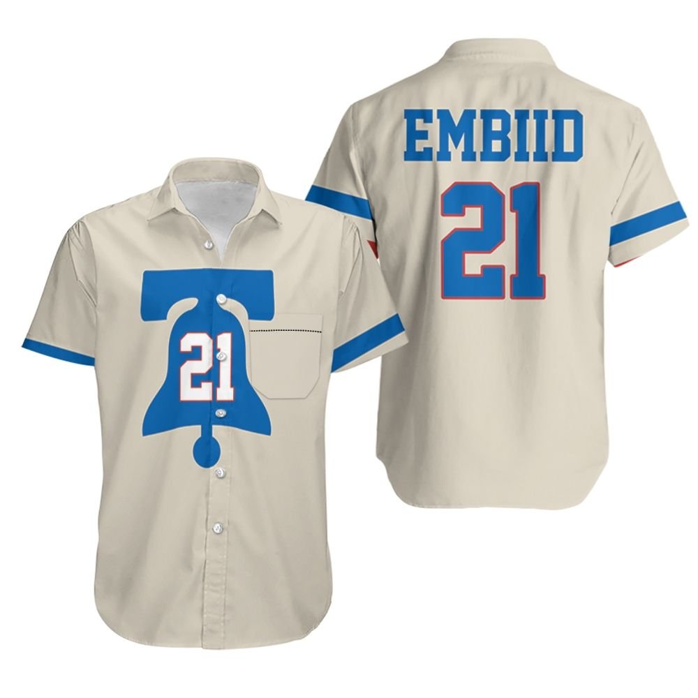 76ers Joel Embiid 2020-21 Earned Edition Cream Jersey Inspired Hawaiian Shirt