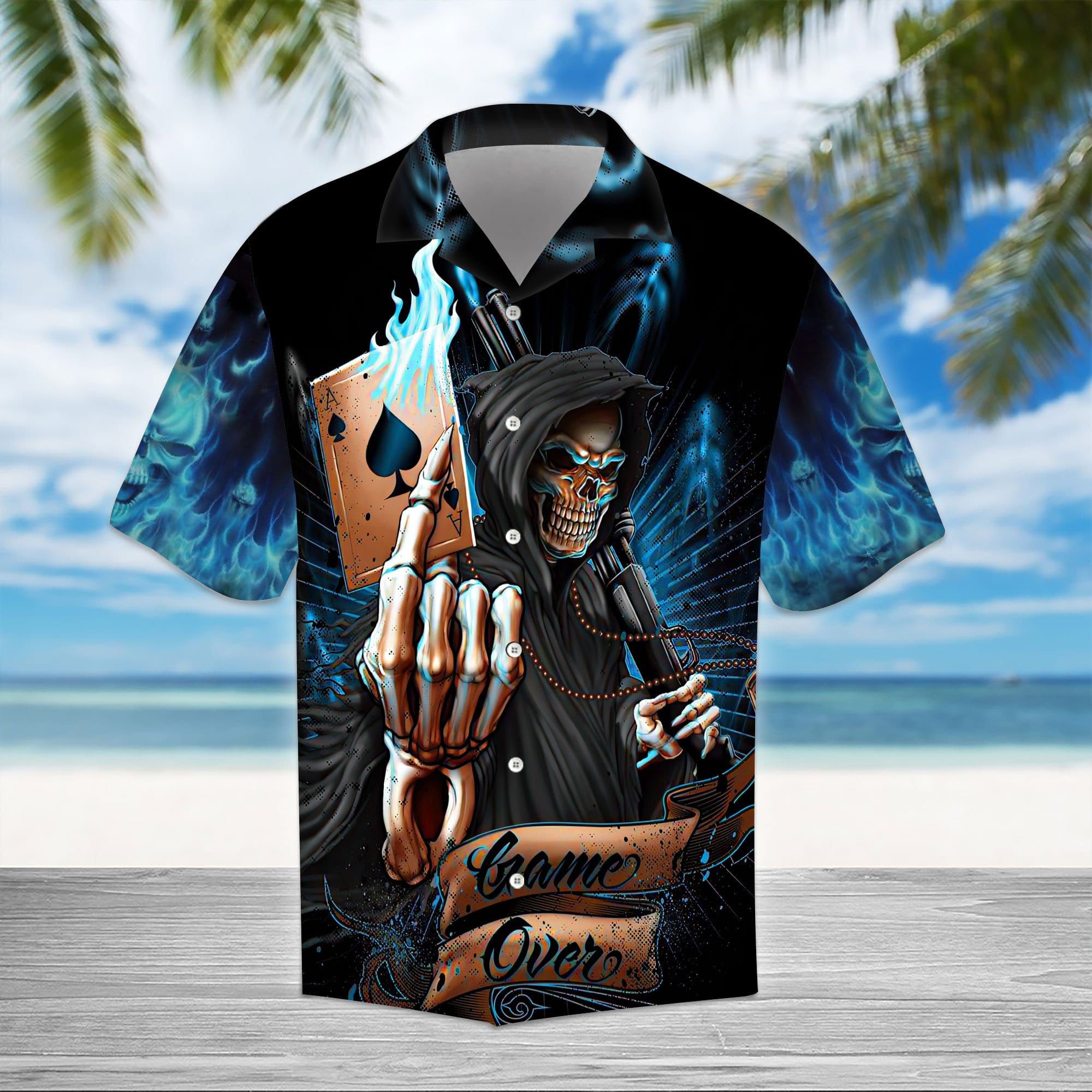 Ace Grim Reaper Blue Flame Skull Gothic Hawaiian Aloha Shirts #KV