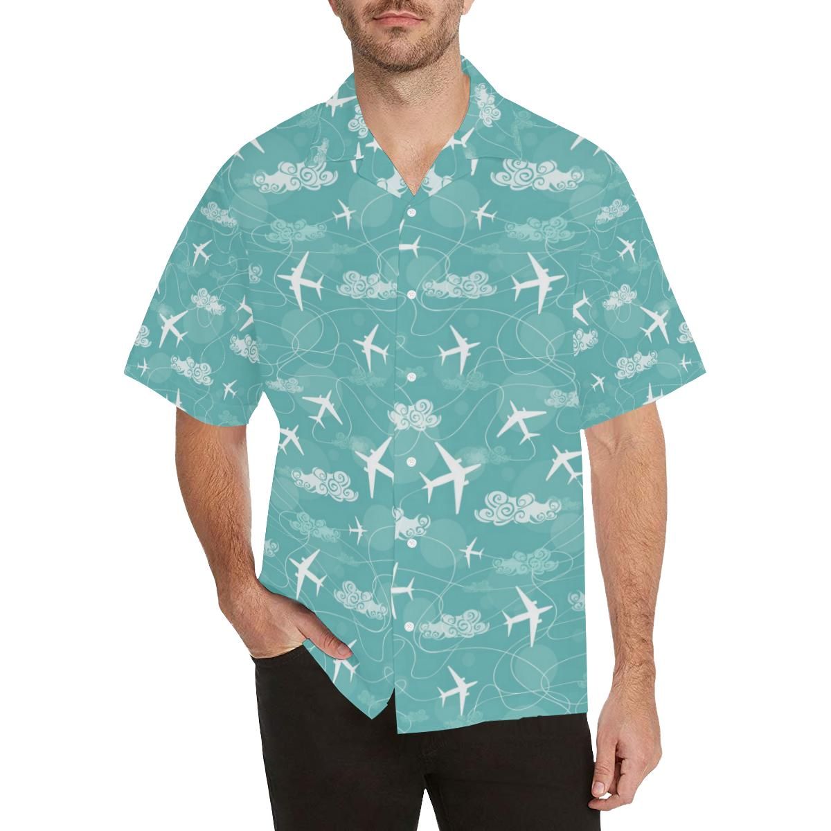 Airplane Cloud Pattern Green Background Men’s All Over Print Hawaiian Shirt
