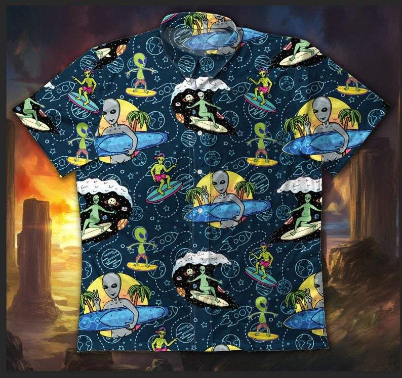 Alien Surfing, Alien Button funny Unisex Hawaiian Aloha Shirt #V