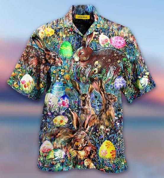 Amazing Colorful Art Happy Easter Bunny Unisex Hawaiian Aloha Shirts