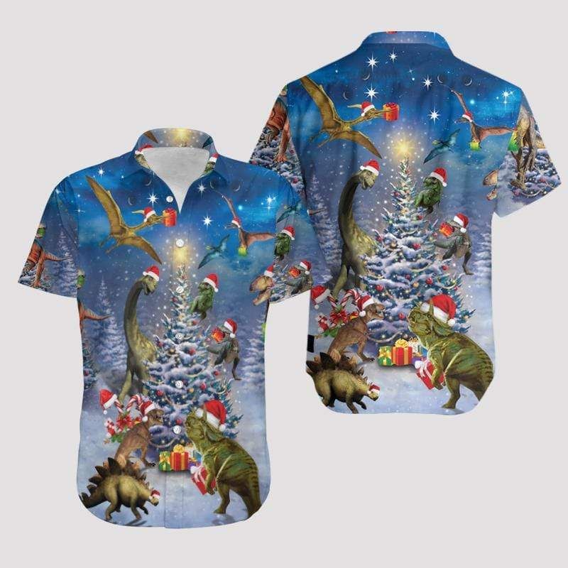 Amazing Dinosaur Reunion Under Christmas Tree Unisex Hawaiian Shirts