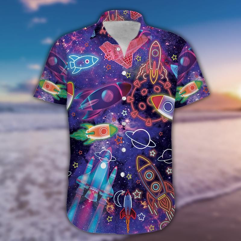 Amazing Neon Colorful Light Rocket In Outer Space Unisex Hawaiian Aloha Shirts #240321h