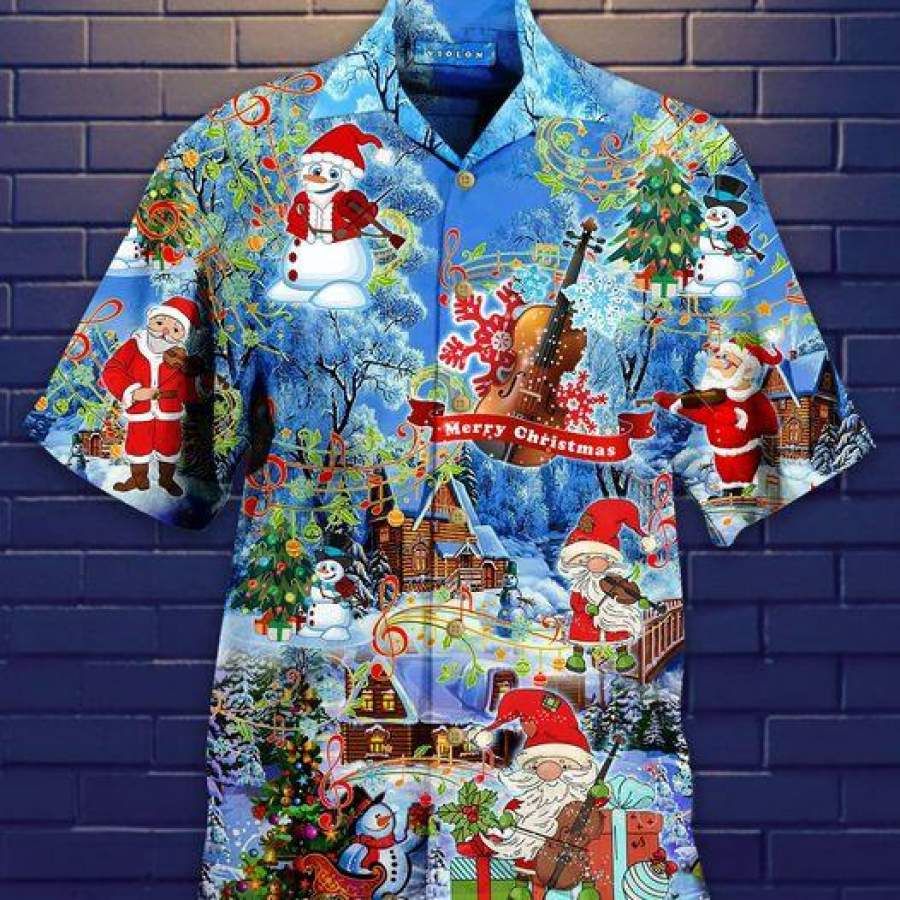 Amazing Santa Claus Playing Violin Blue Hawaiian Aloha Shirts