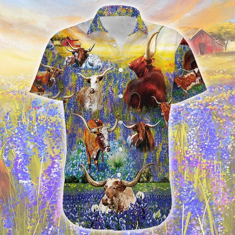 Amazing Texas Longhorn In Bluebonnets Unisex Hawaiian Aloha Shirts