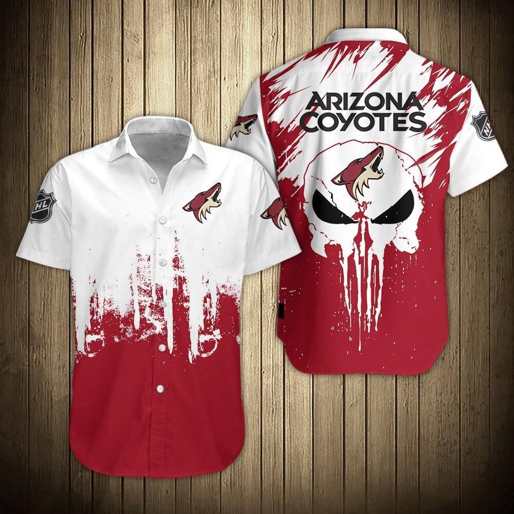 Arizona Coyotes NHL Men's Hawaiian Shirt Arizona Coyotes Skull Hockey Team Button Short Sleeve Hawaii Shirt