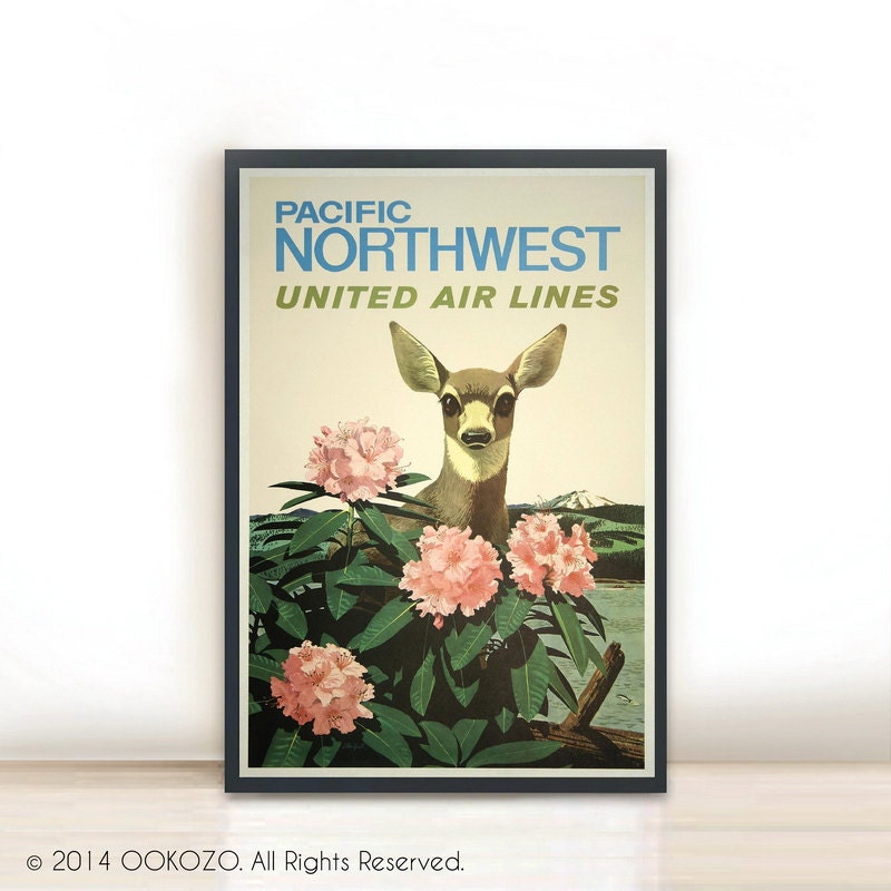 Art Print, Illustration, Art Posters, Dorm Decor, Minimalist Art, Pacific Northwest United Airlines Vintage Poster 13 x 19