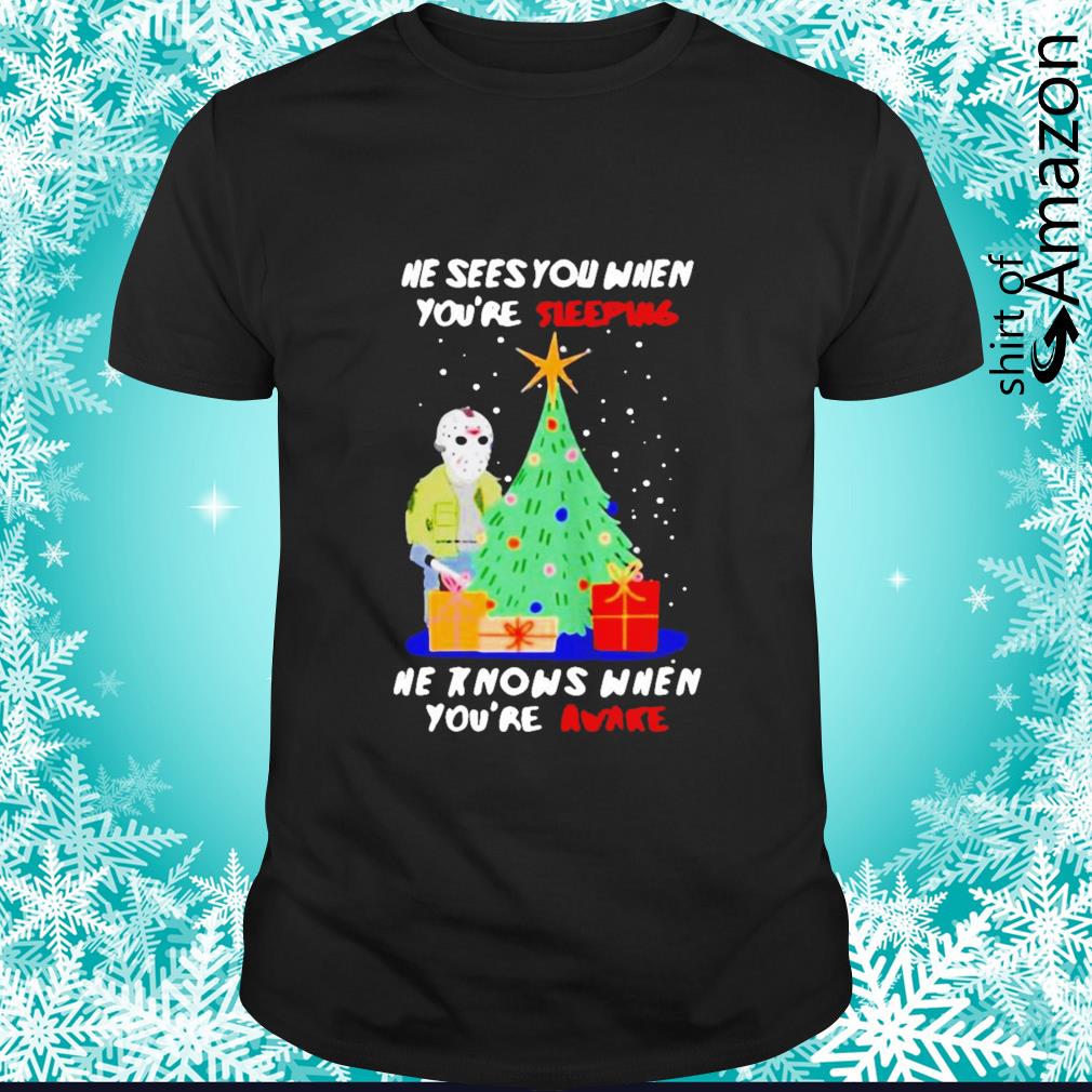 Awesome Jason Voorhees he sees you when you’re sleeping he knows when you’re awake Xmas shirt