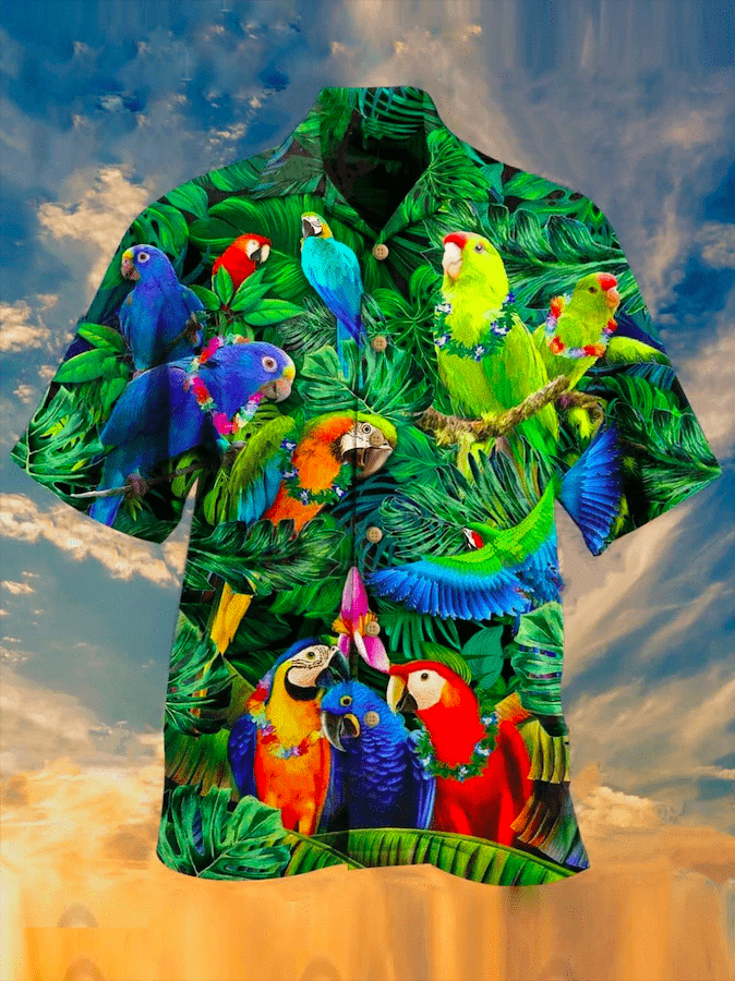 Awesome Parrots Tropical Green Hawaiian Aloha Shirts