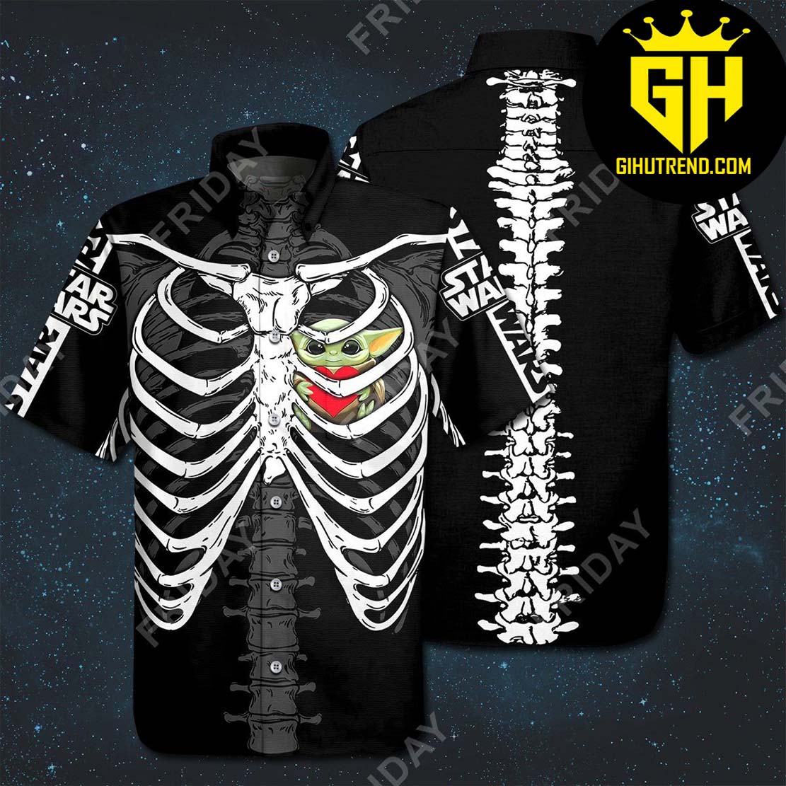 Baby Yoda Hug Heart Skeleton Black Star Wars Hawaiian Shirt