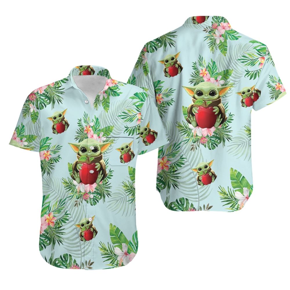 Baby Yoda Hugging Apples Seamless Tropical Green Leaves On Green Hawaiian Shirt