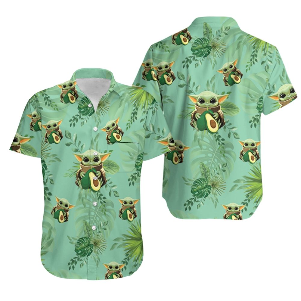 Baby Yoda Hugging Avocadoes Seamless Tropical Green Leaves On Green Hawaiian Shirt
