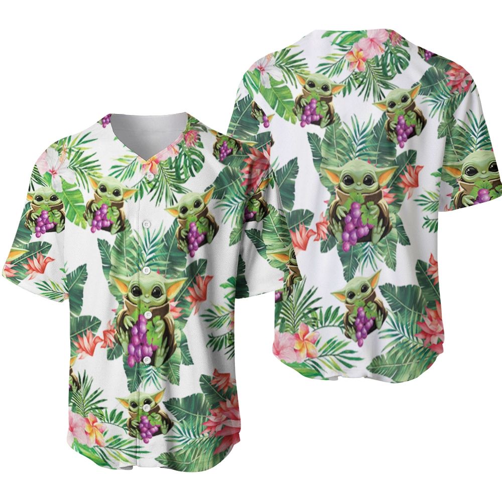 Baby Yoda Hugging Grapes Seamless Tropical Green Leaves Flower On White Hawaiian Shirt