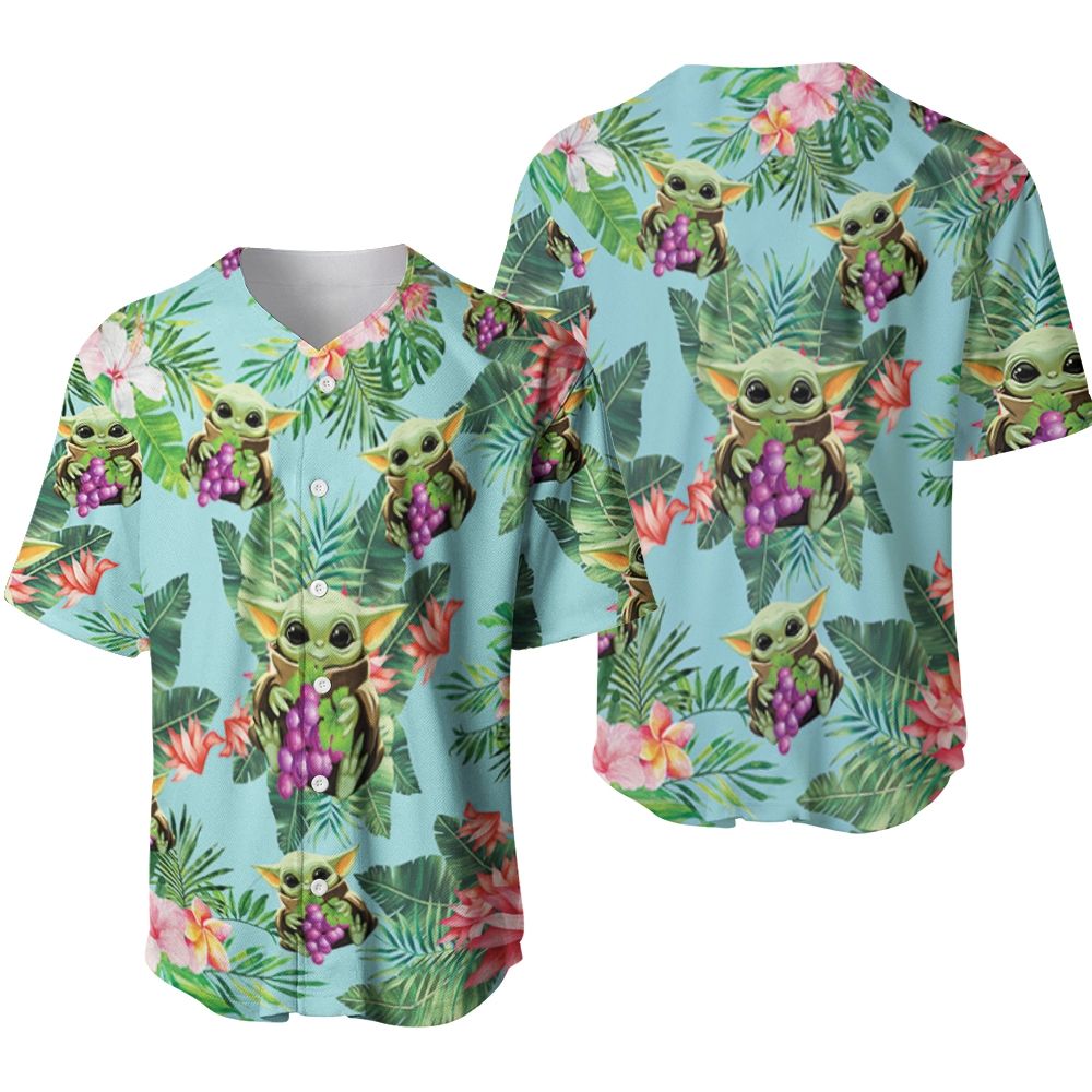 Baby Yoda Hugging Grapes Seamless Tropical Leaves Colorful Flowers On Green Hawaiian Shirt