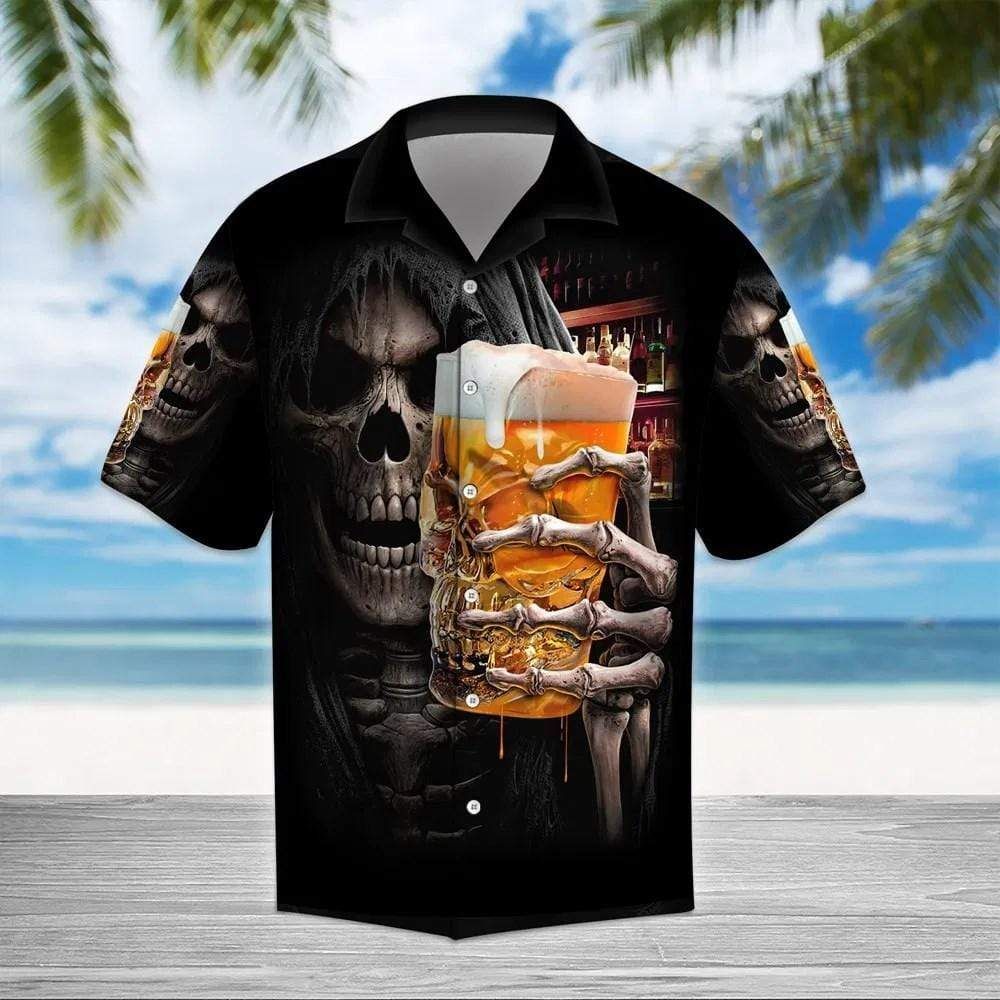 Beer Skull Black Unisex Hawaiian Aloha Shirts