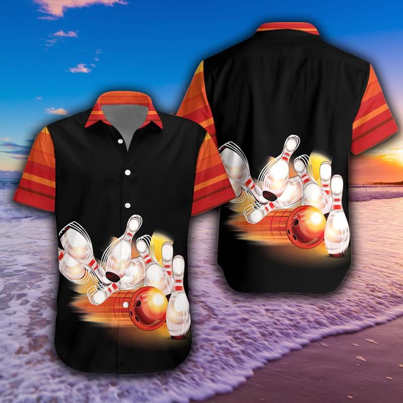 Black Burning Bowling Ball And Pin Tropical Unisex Hawaiian Aloha Shirts #180321l