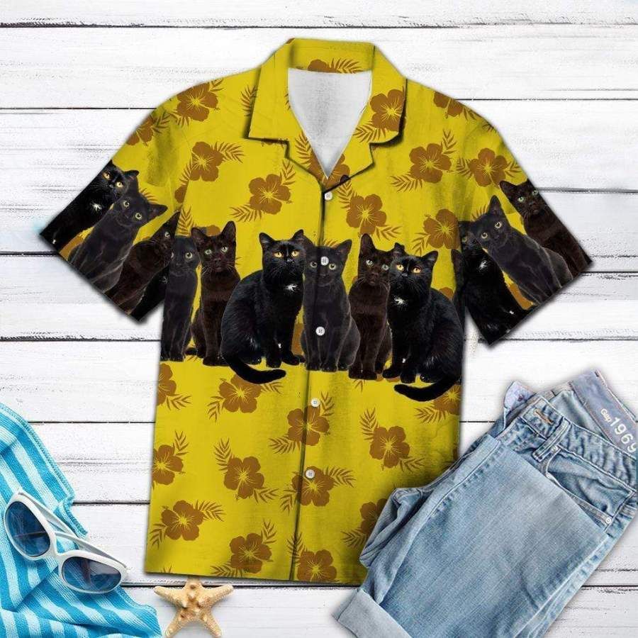 Black Cat Yellow Floral Summer Vibe Hawaiian Aloha Shirts #dh