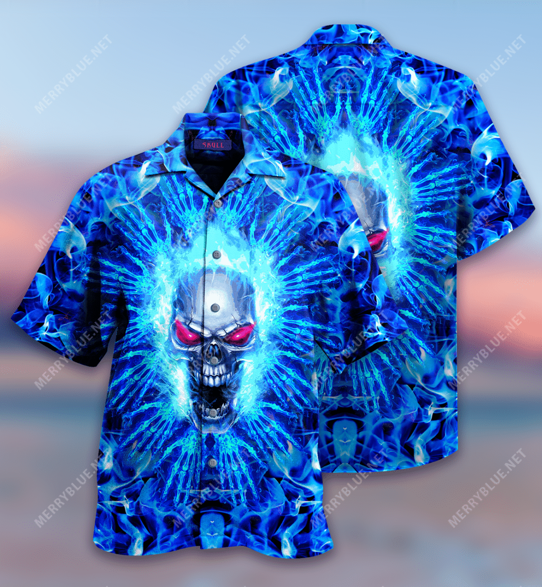 Blue Firing Skull Hawaiian Shirt