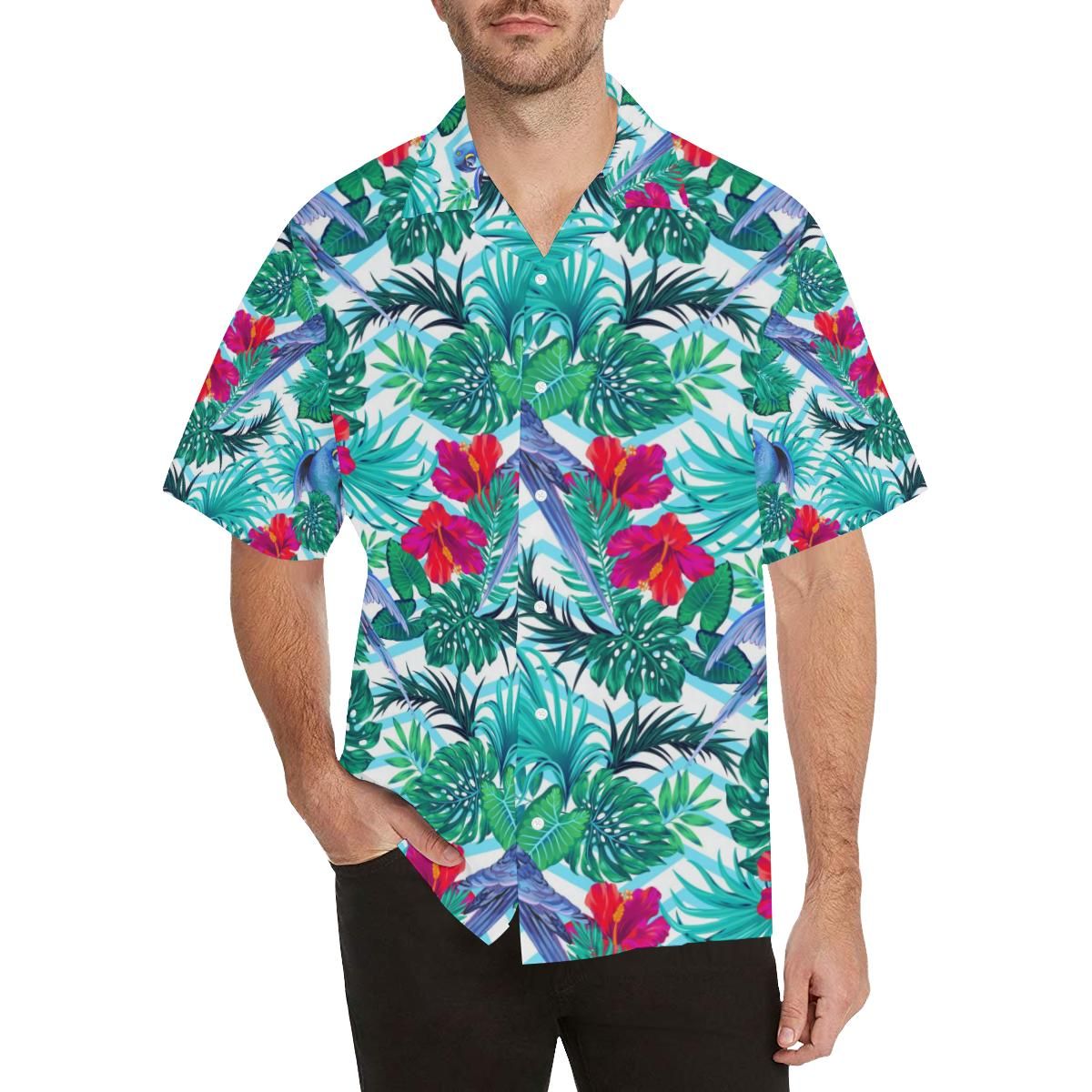 Blue Parrot Hibiscus Pattern Men’s All Over Print Hawaiian Shirt