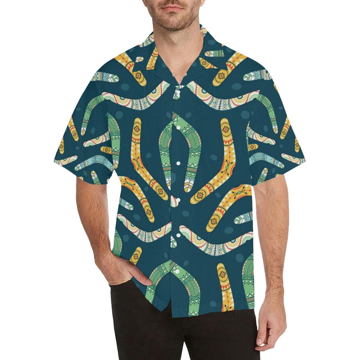 Boomerang Aboriginal Pattern Dark Background Men’s All Over Print Hawaiian Shirt