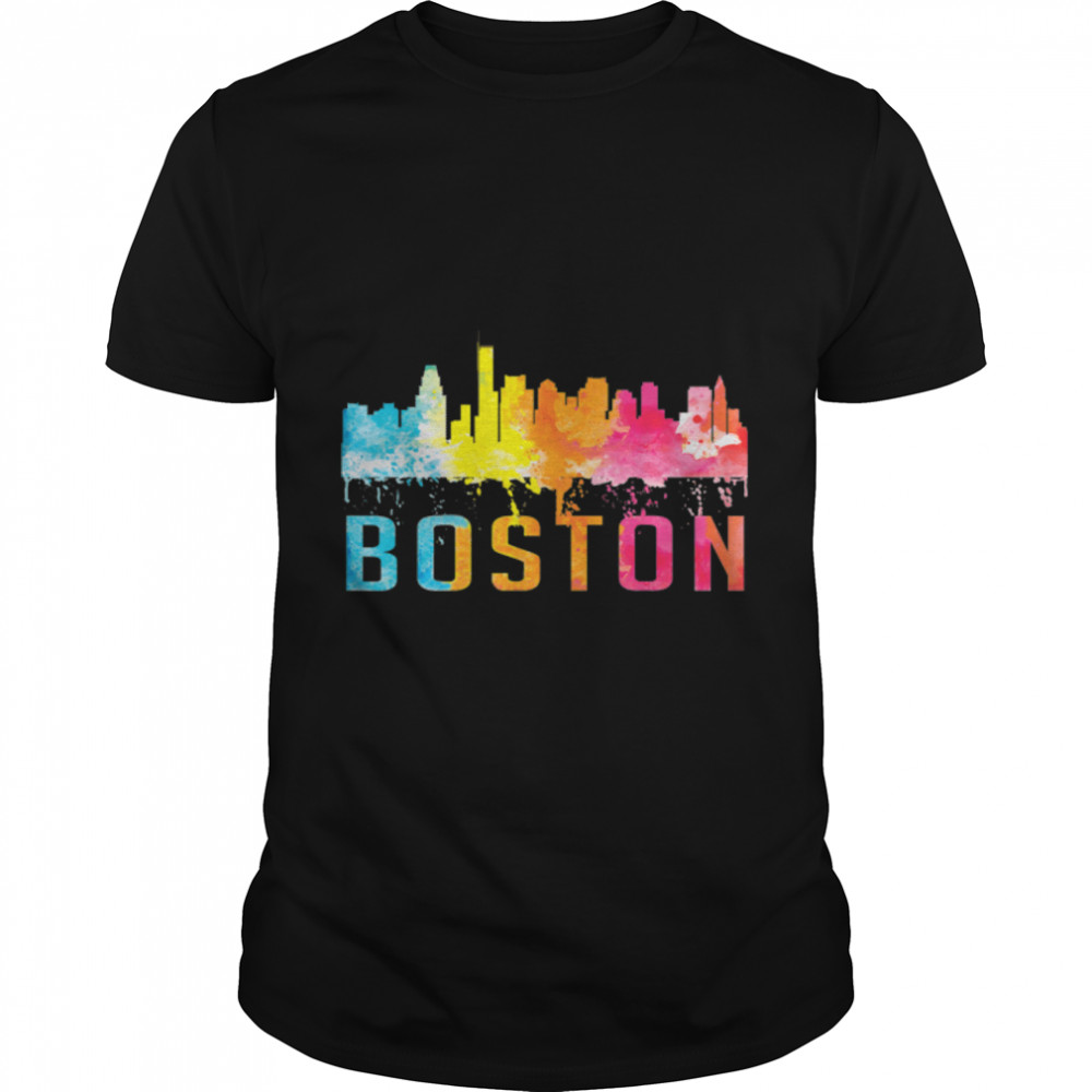 Boston Massachusetts Retro Watercolor Skyline Souvenir Shirt T-Shirt B07R7ZC8X4