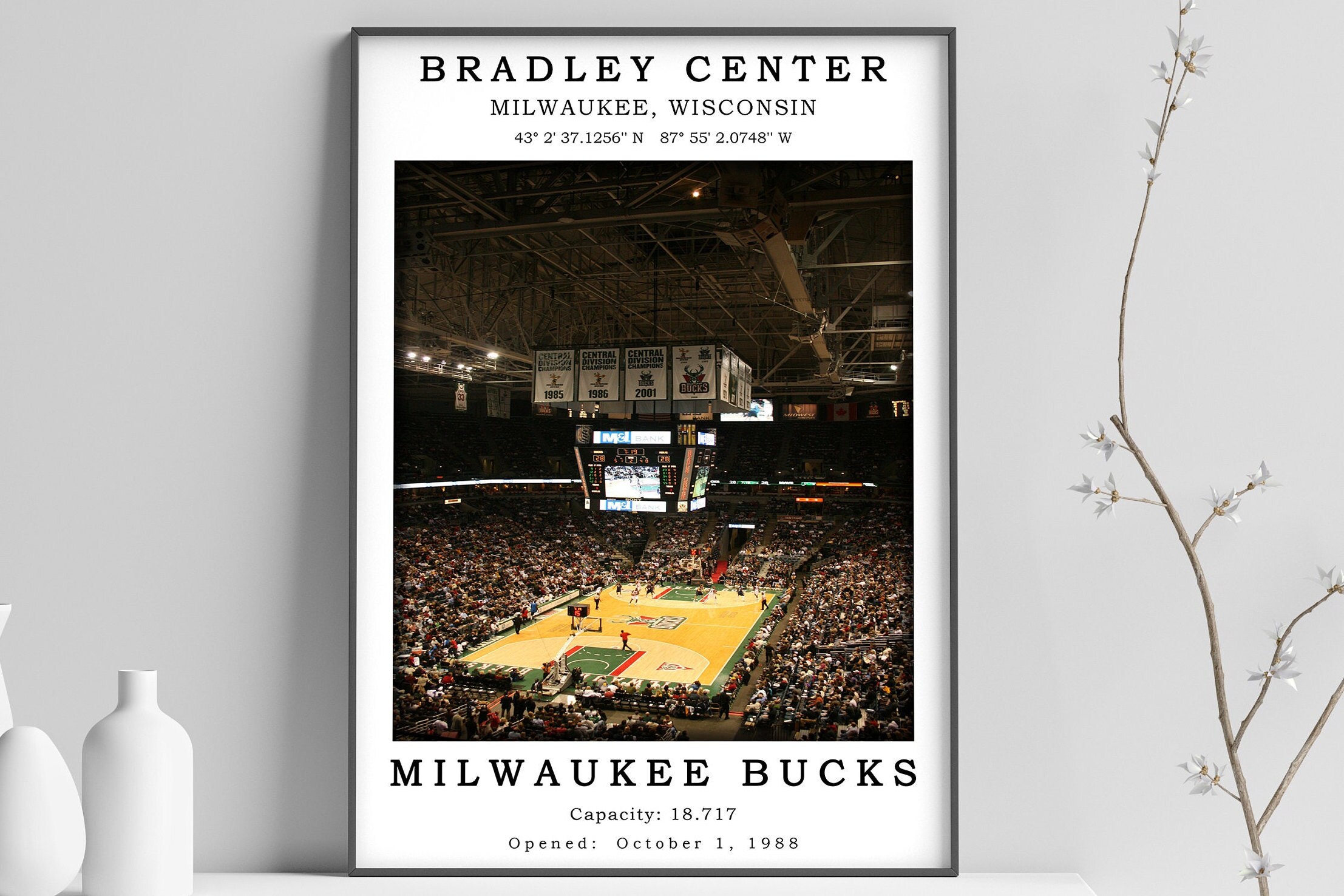 Bradley Center Wall Art  Milwaukee Bucks Poster  NBA Lovers Gift  Black&White Stadium Print  Digital Print Poster  Framed Wall Poster 