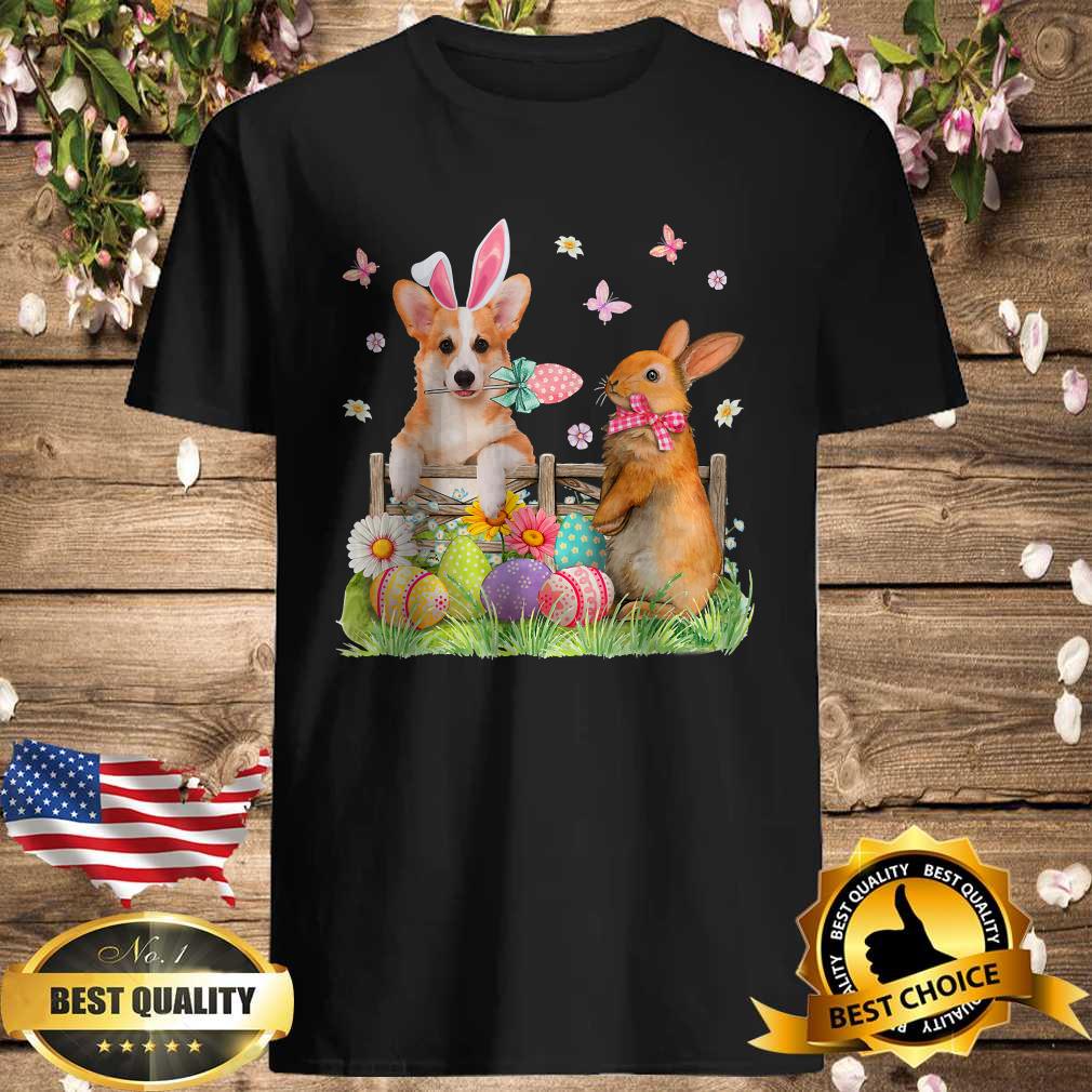 Bunny Corgi With Cute Bunny Easter Eggs Flowers Easter Day T-Shirt
