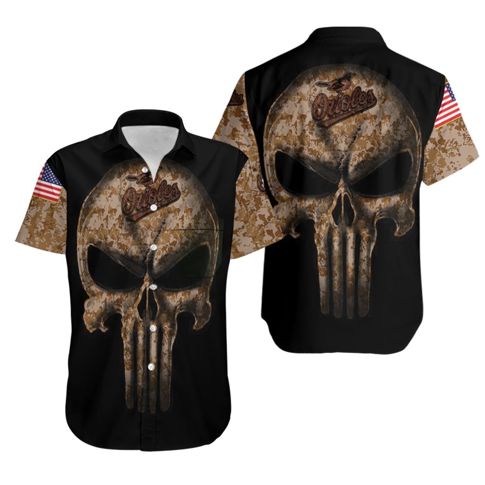 Camouflage Skull Baltimore Orioles American Flag Hawaiian Shirt
