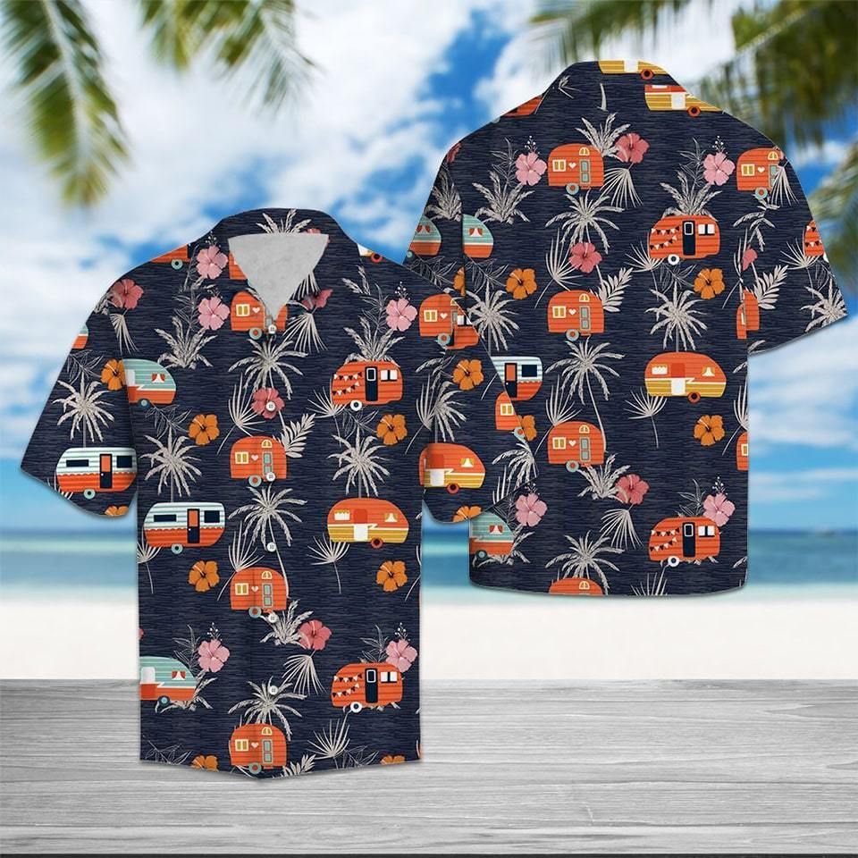 Camping Bus Orange Aloha Hawaiian Shirts #1510h