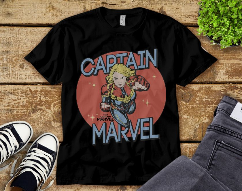 Captain Marvel Red Spot Action Pose Logo Graphic Cartoon Style Unisex Adult T-Shirt