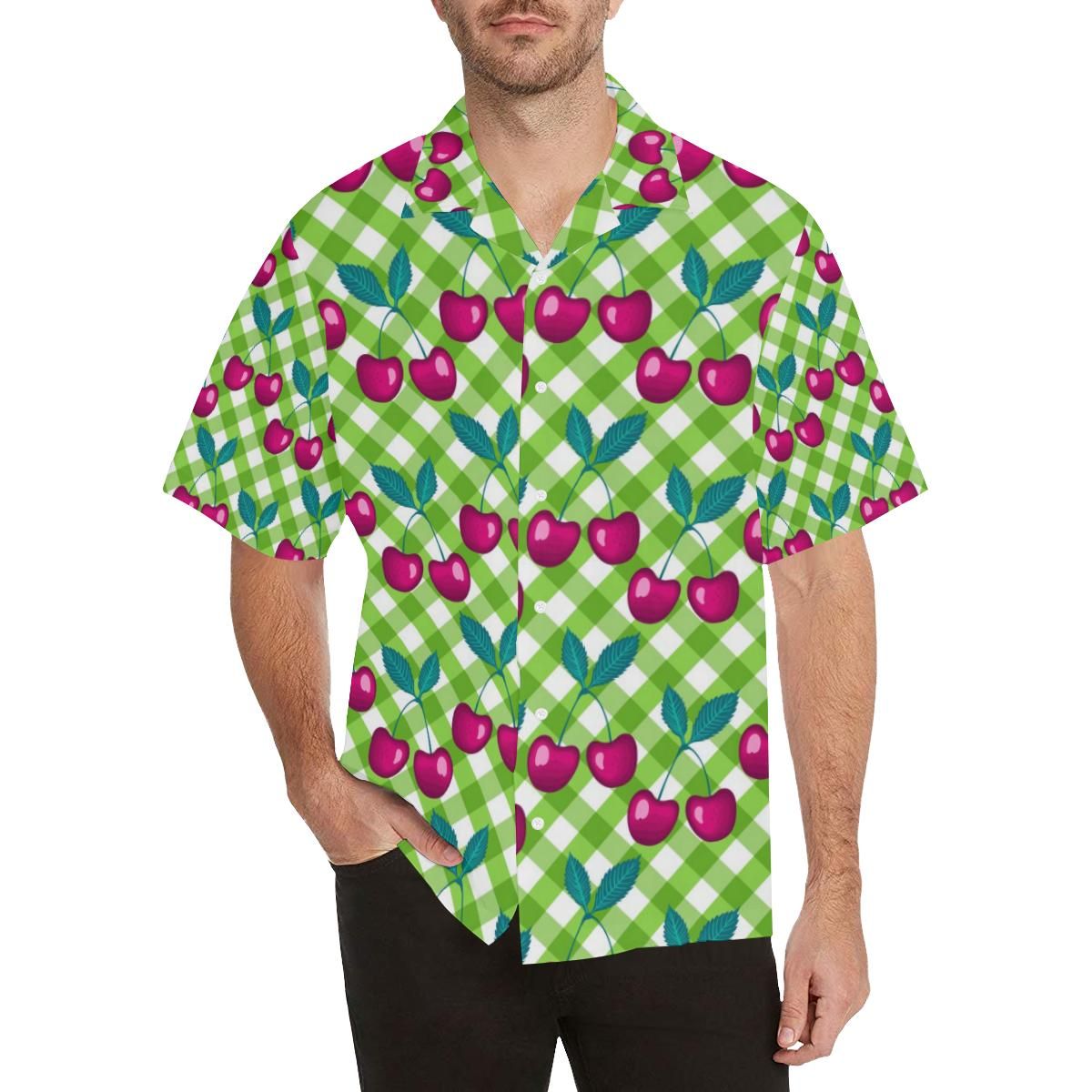 Cherry Pattern Green Background Men’s All Over Print Hawaiian Shirt