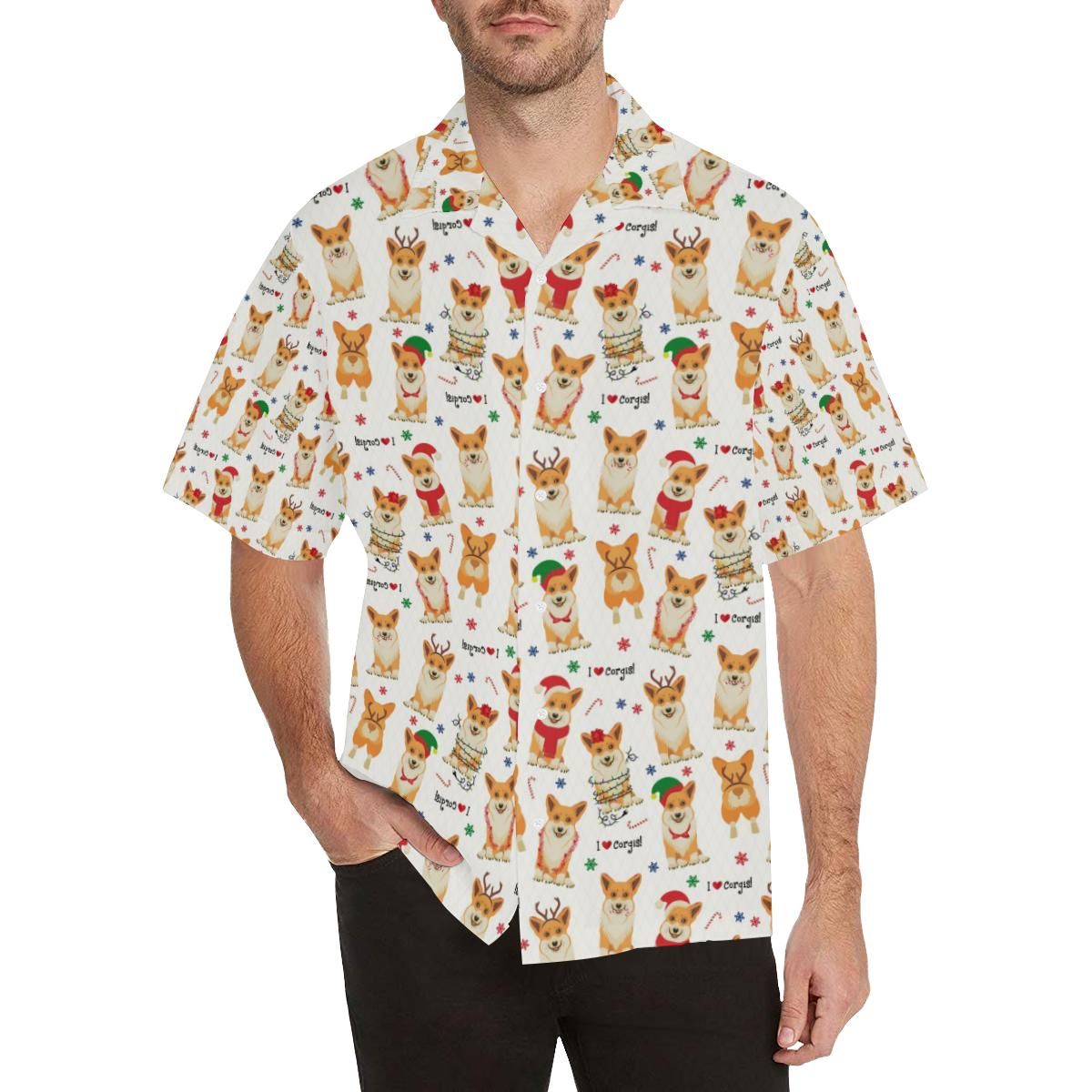 Christmas Corgi Pattern Background Men’s All Over Print Hawaiian Shirt