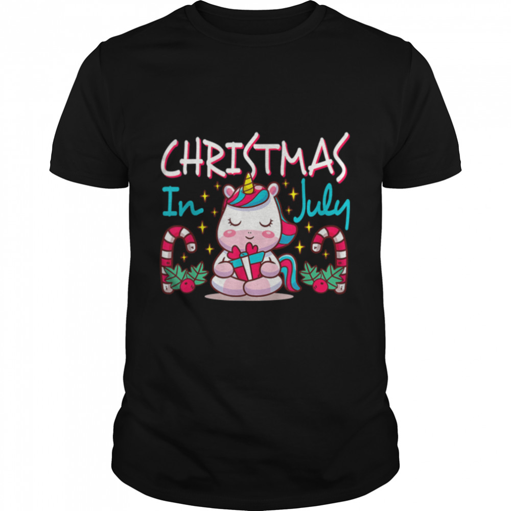 Christmas in July Cute Unicorn Summer Party Girls Kids T-Shirt B0B4K1D47P