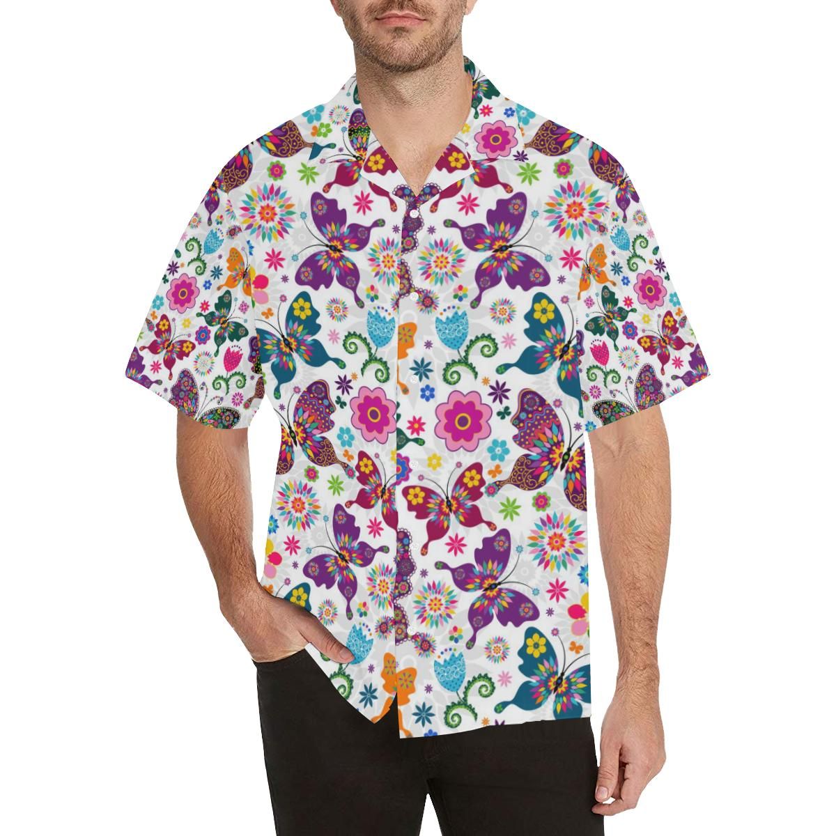Colorful Butterfly Flower Pattern Men’s All Over Print Hawaiian Shirt