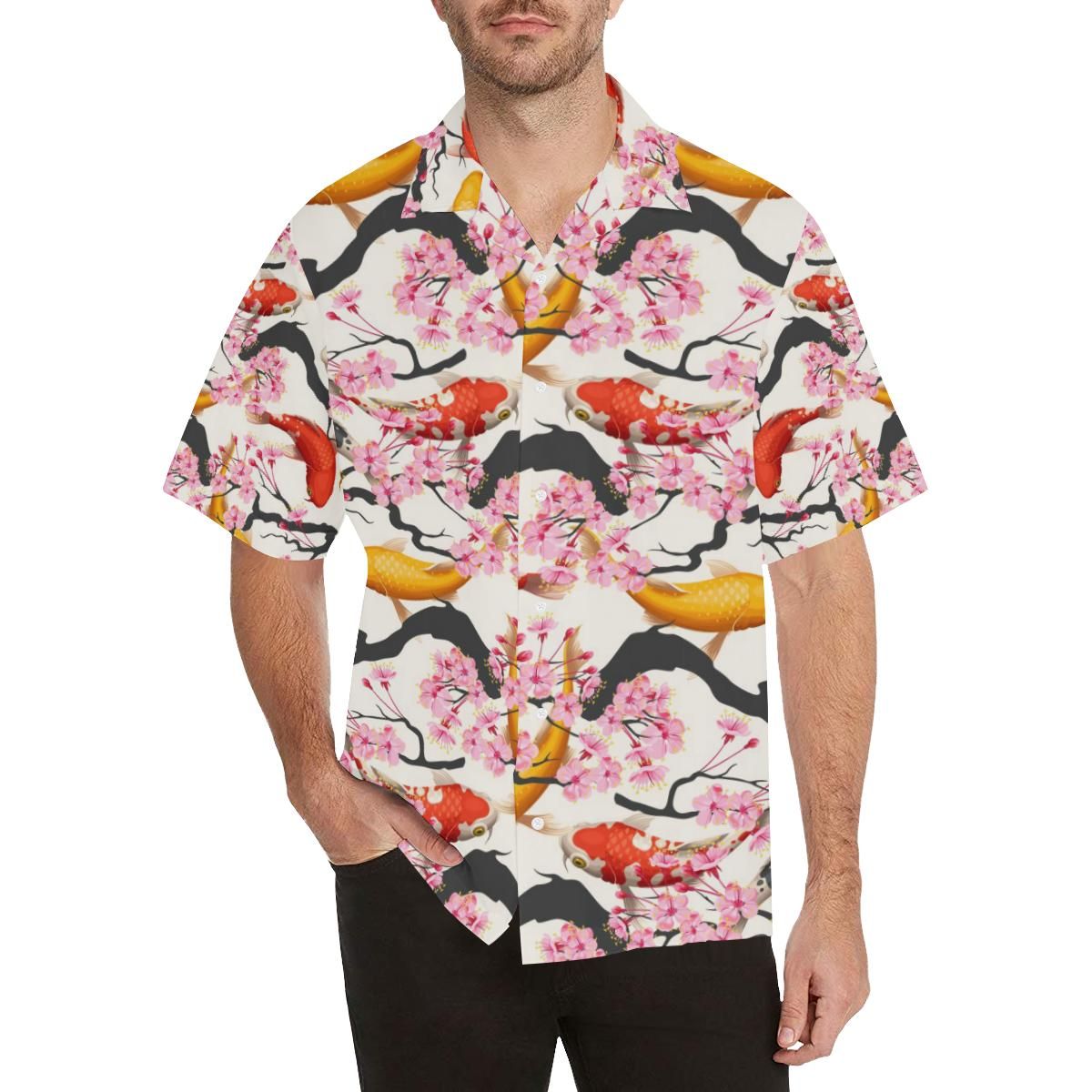 Colorful Koi Fish Carp Fish And Sakura Pattern Men’s All Over Print Hawaiian Shirt