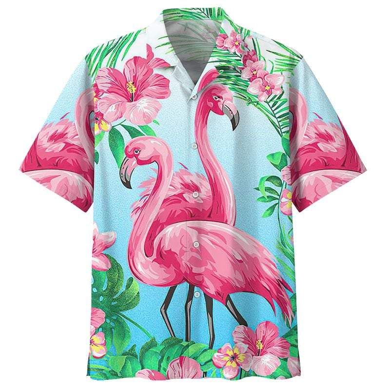 Couple Flamingo Tropical Pink Blue Unisex Hawaiian Shirts