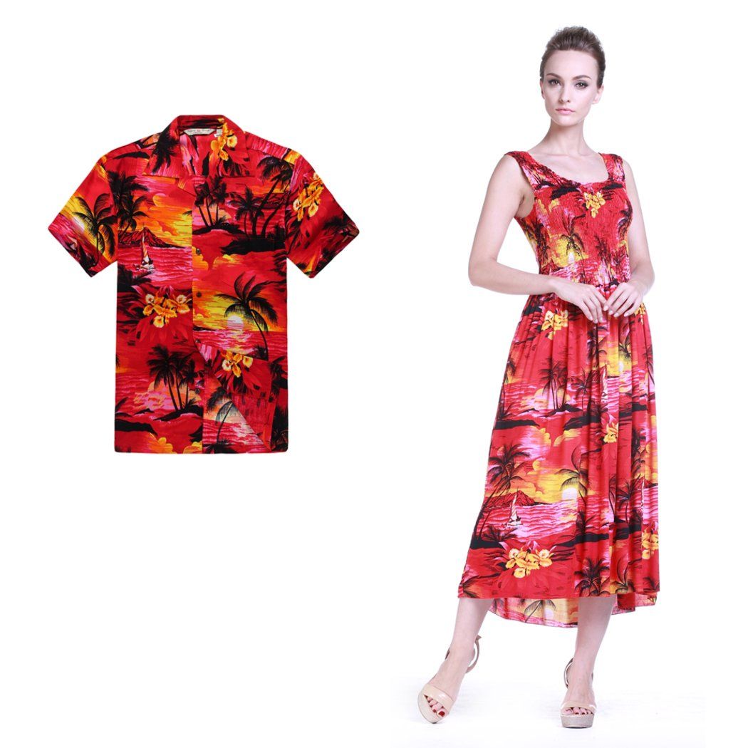 Couple Matching Hawaiian Luau Aloha Shirt Plus Size Maxi Tank Dress In Sunred