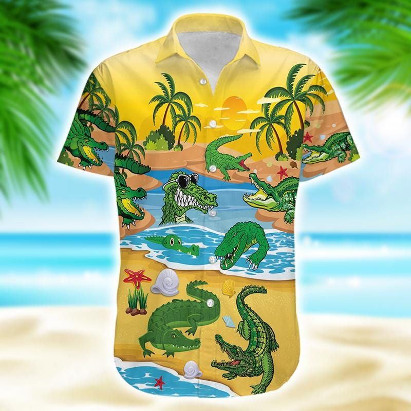 Crocodile Alligator on the Beach Hawaiian Aloha Shirts #DH