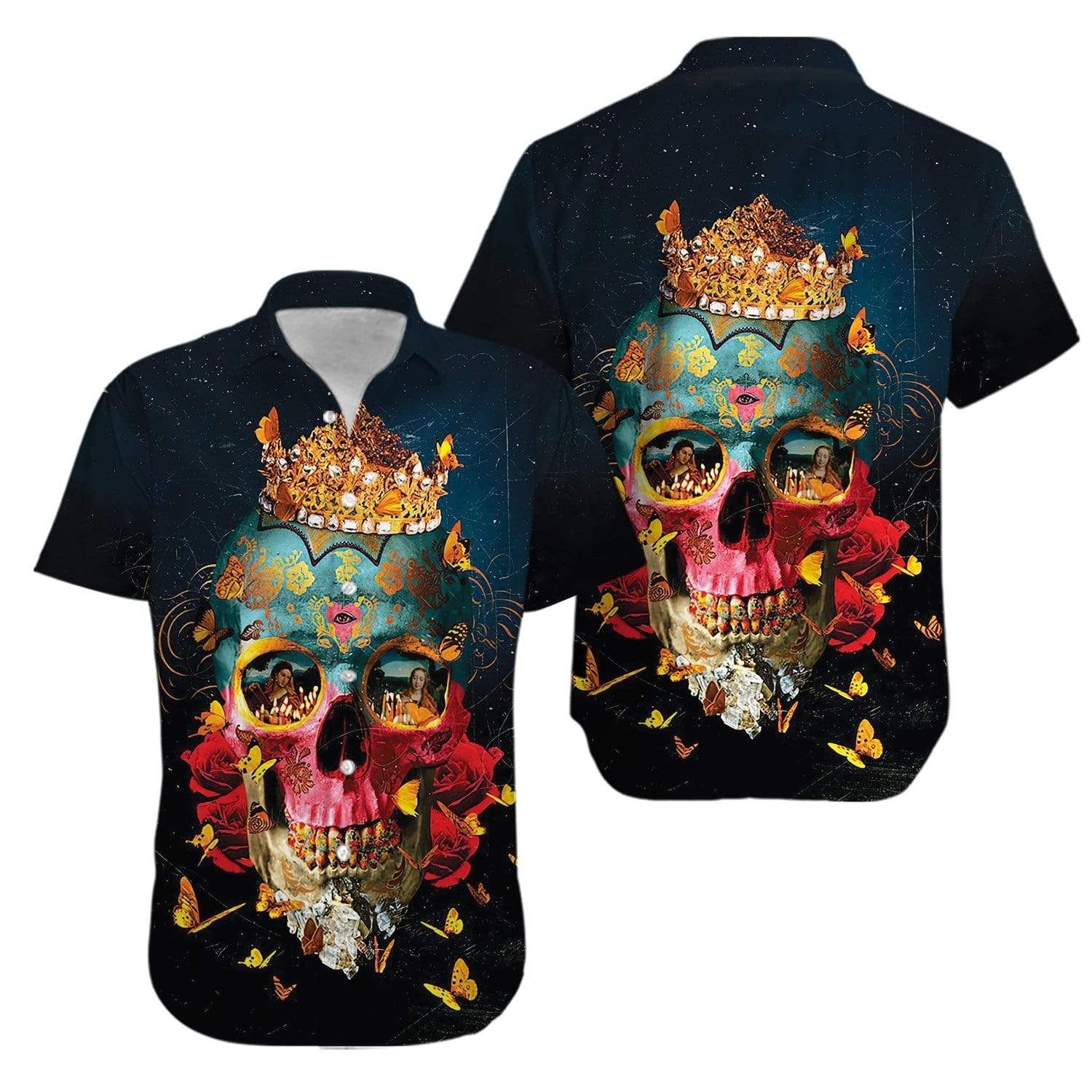 Crown Skull And Fire Girl Hawaiian Unisex Aloha Shirts #v