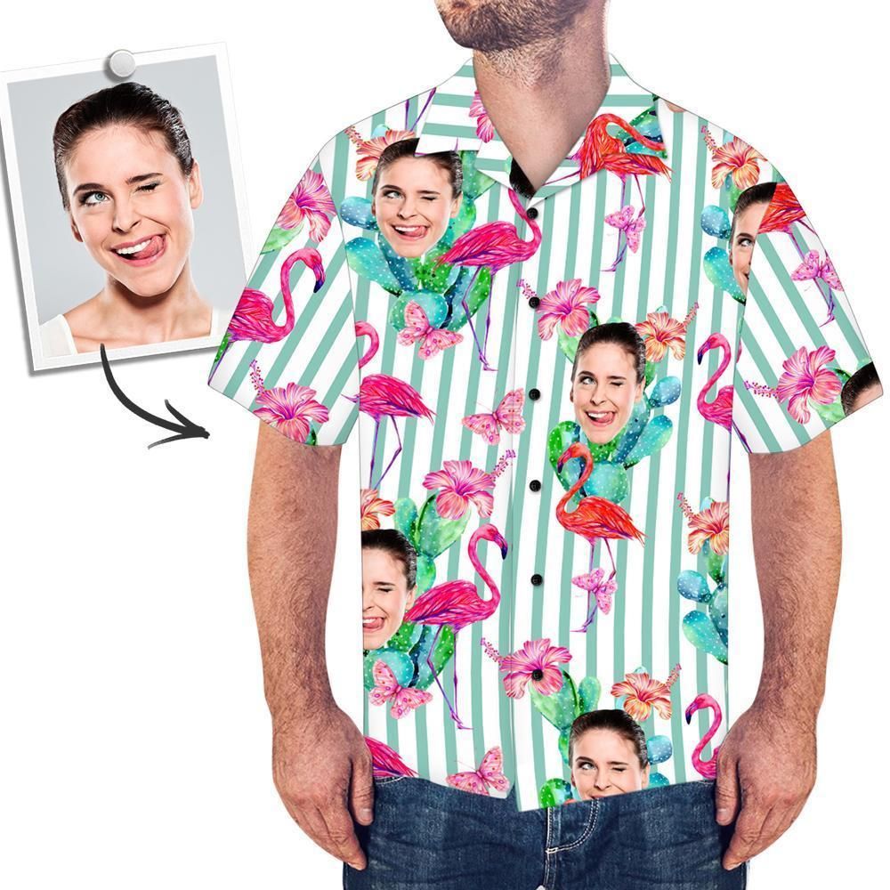 Custom Face All Over Print Stripe Hawaiian Shirt Flamingo Big And Tall Hawaiian Shirts