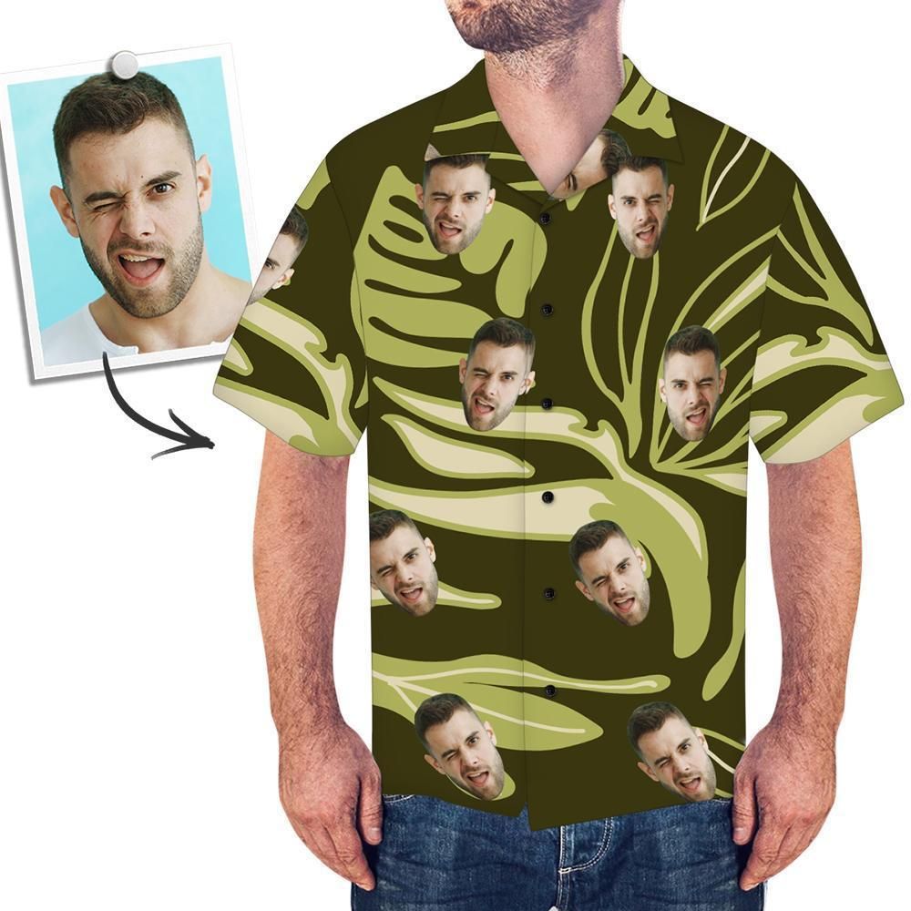 Custom Face Dark Green Hawaiian Shirt Leaves Big And Tall Hawaiian Shirts