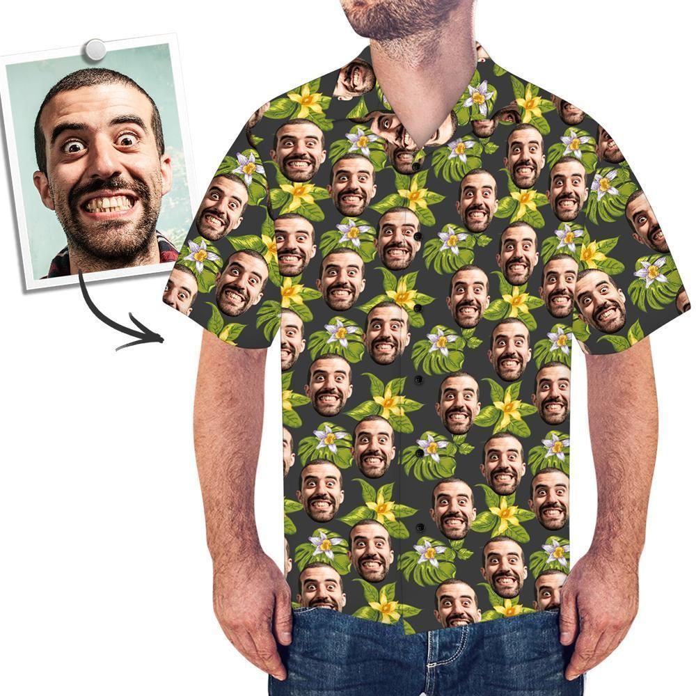 Custom Face Men’s Hawaiian Shirt Green Flowers Big And Tall Hawaiian Shirts