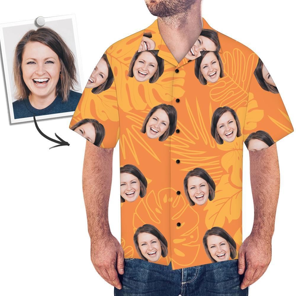 Custom Face On Shirt Photo Hawaiian Shirt Orange Leaves Big And Tall Hawaiian Shirts