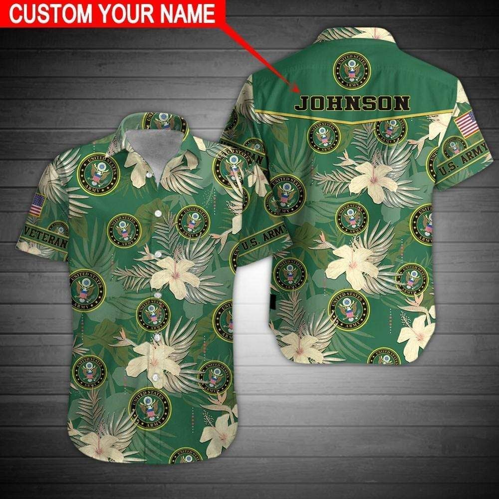 Custom Name US Army Green Hibiscus Hawaiian Aloha Shirts