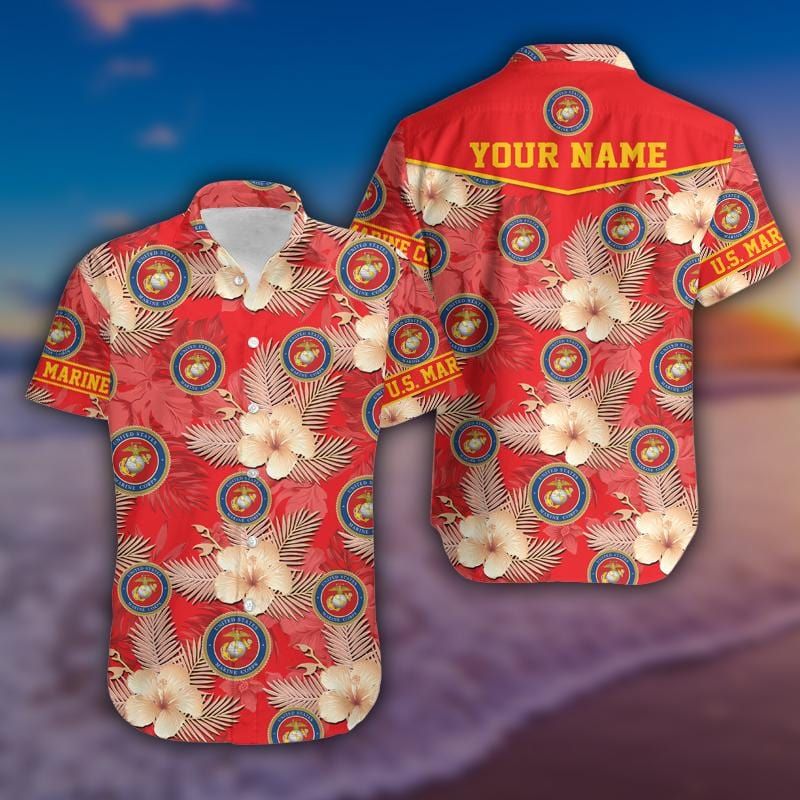 Custom Name US Marine Corps Red Hibiscus Hawaiian Aloha Shirts